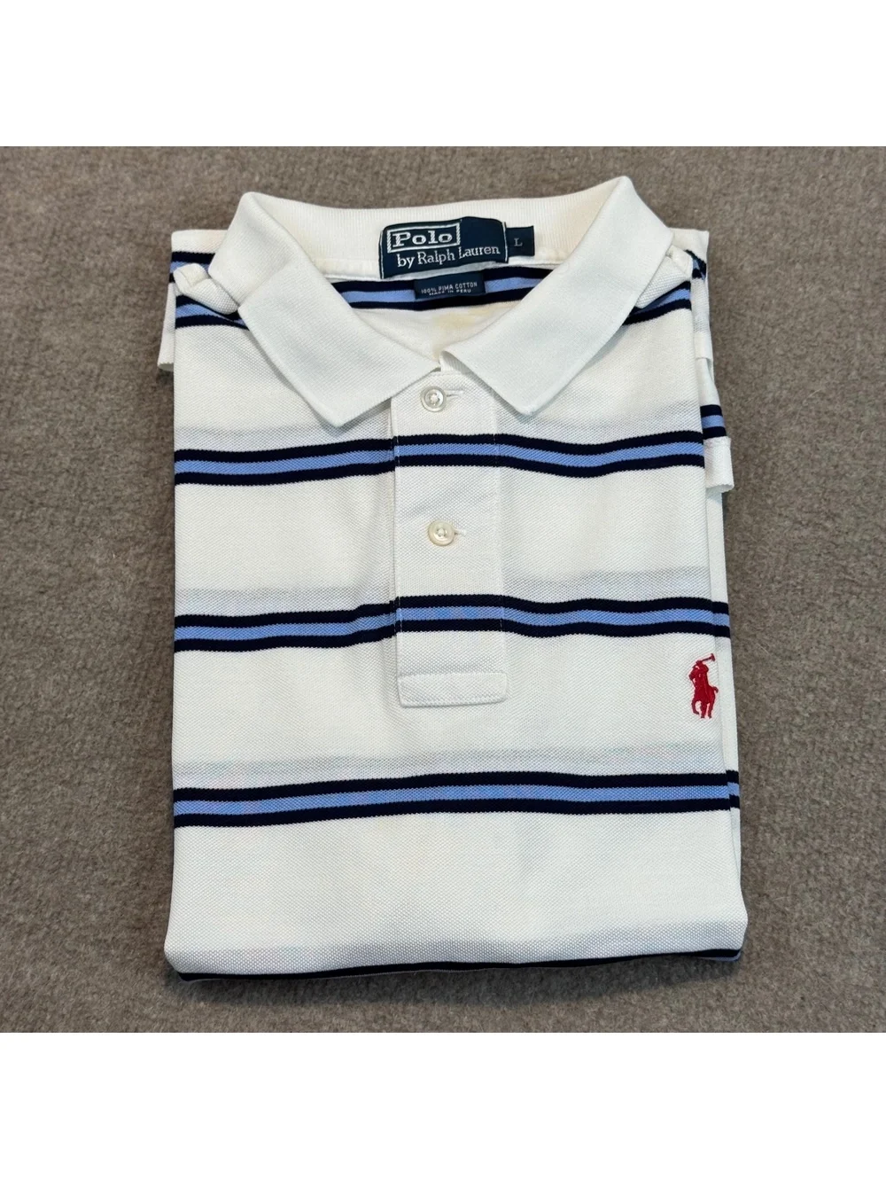 Polo Ralph Lauren Vintage White Striped Pima Cotton Polo Shirt Mens L Red Pony